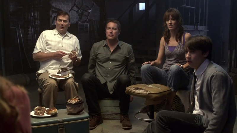 Michael Hitchcock, John Corbett, Rosemarie DeWitt, and Keir Gilchrist in “Torando!”